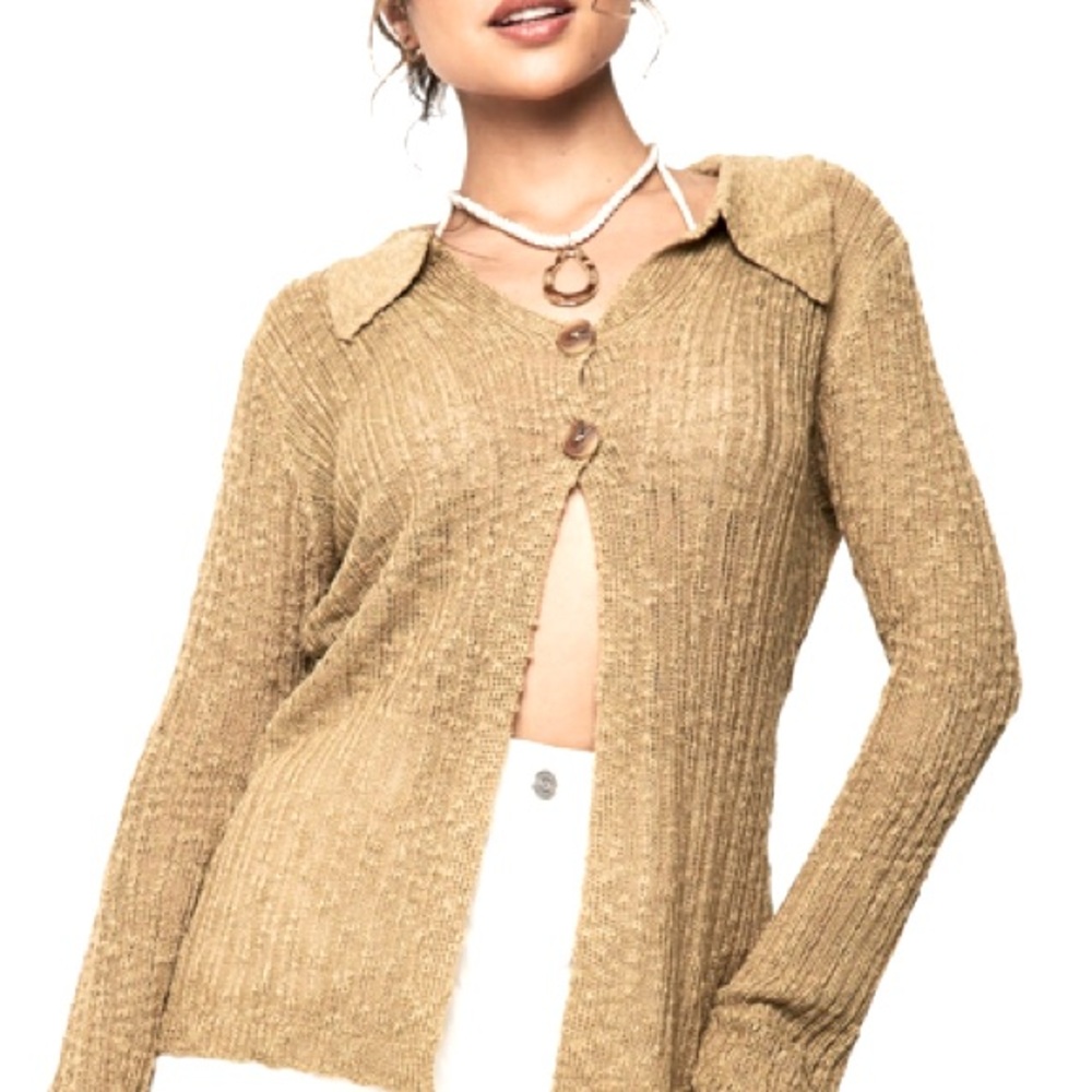 Gold Top Button Partially Open Cardigan/Crochet/Textured Size M